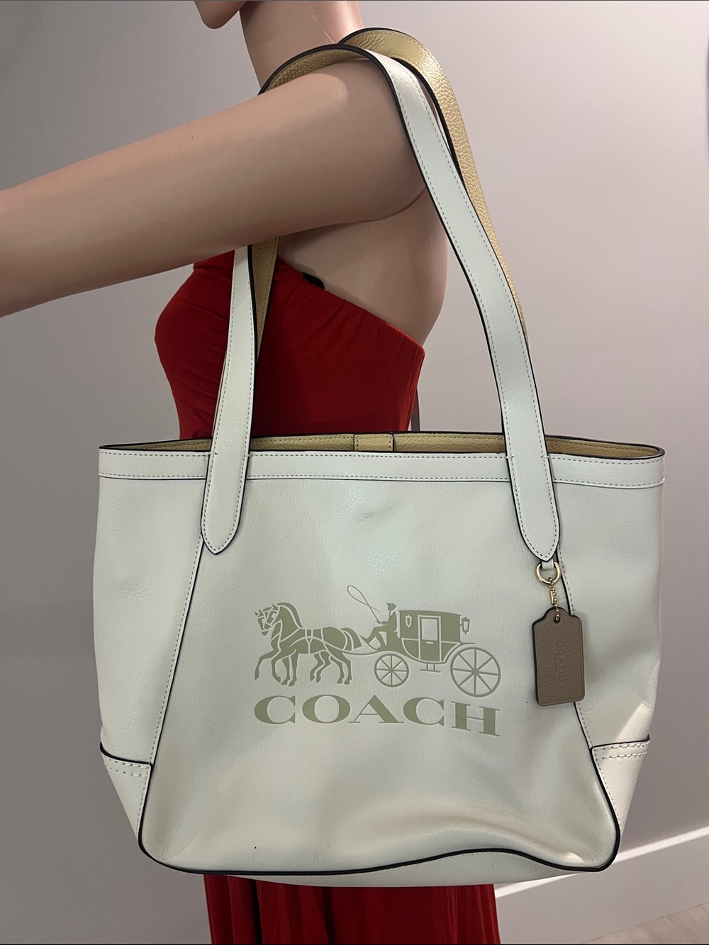 COACH White Leather Logo Tote with Gold-Trim Straps